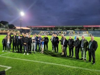 Former players and guests lined up on the pitch at the FPA launch